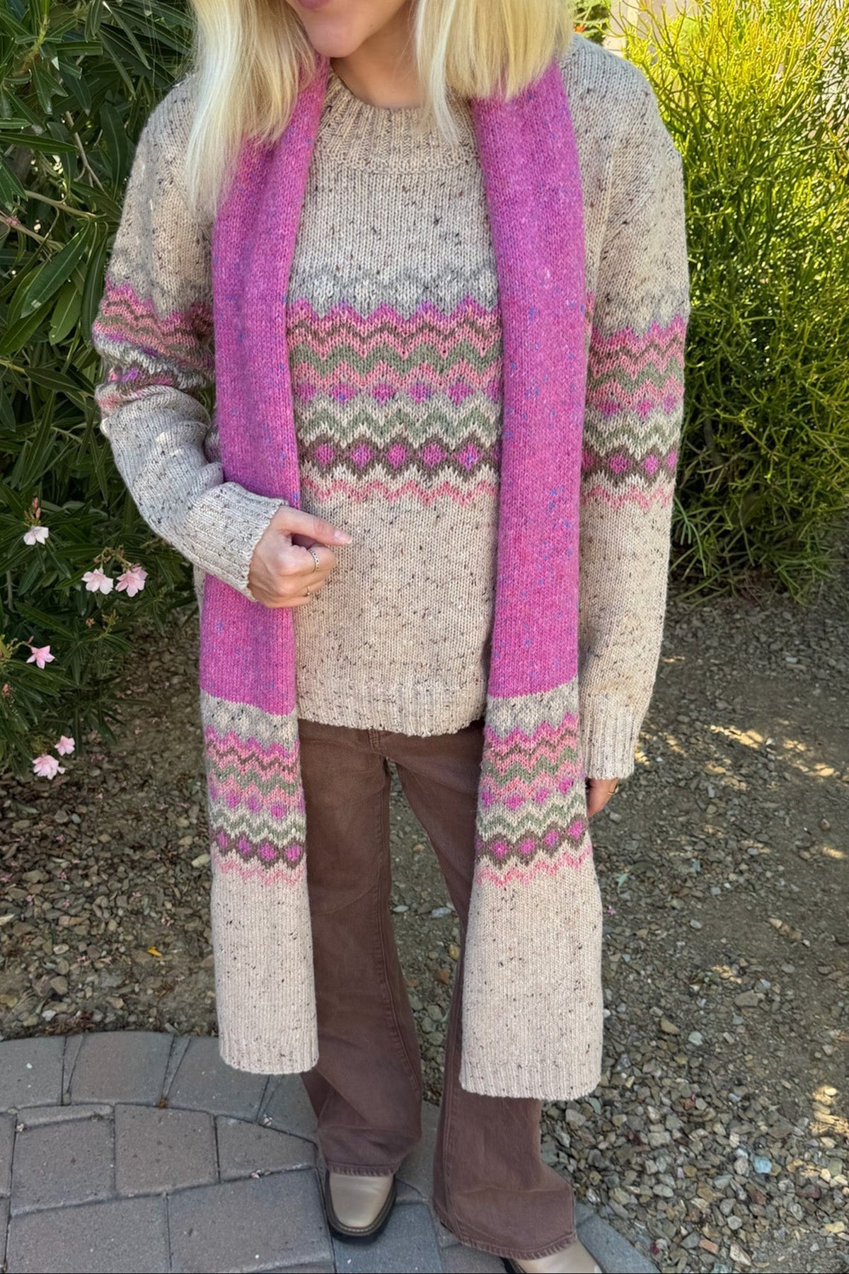 The Highlands Faire Isle Knit Pullover Sweater in Pink & Oatmeal - Neutral Ground