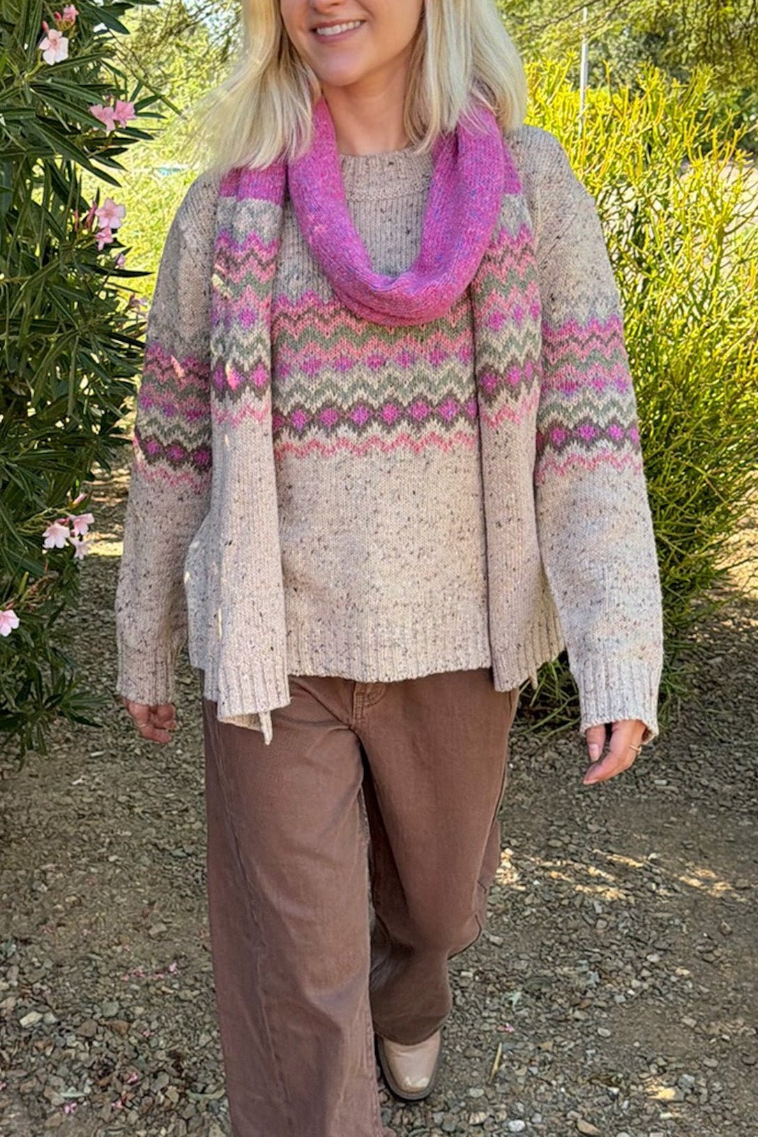 The Highlands Faire Isle Knit Pullover Sweater in Pink & Oatmeal - Neutral Ground