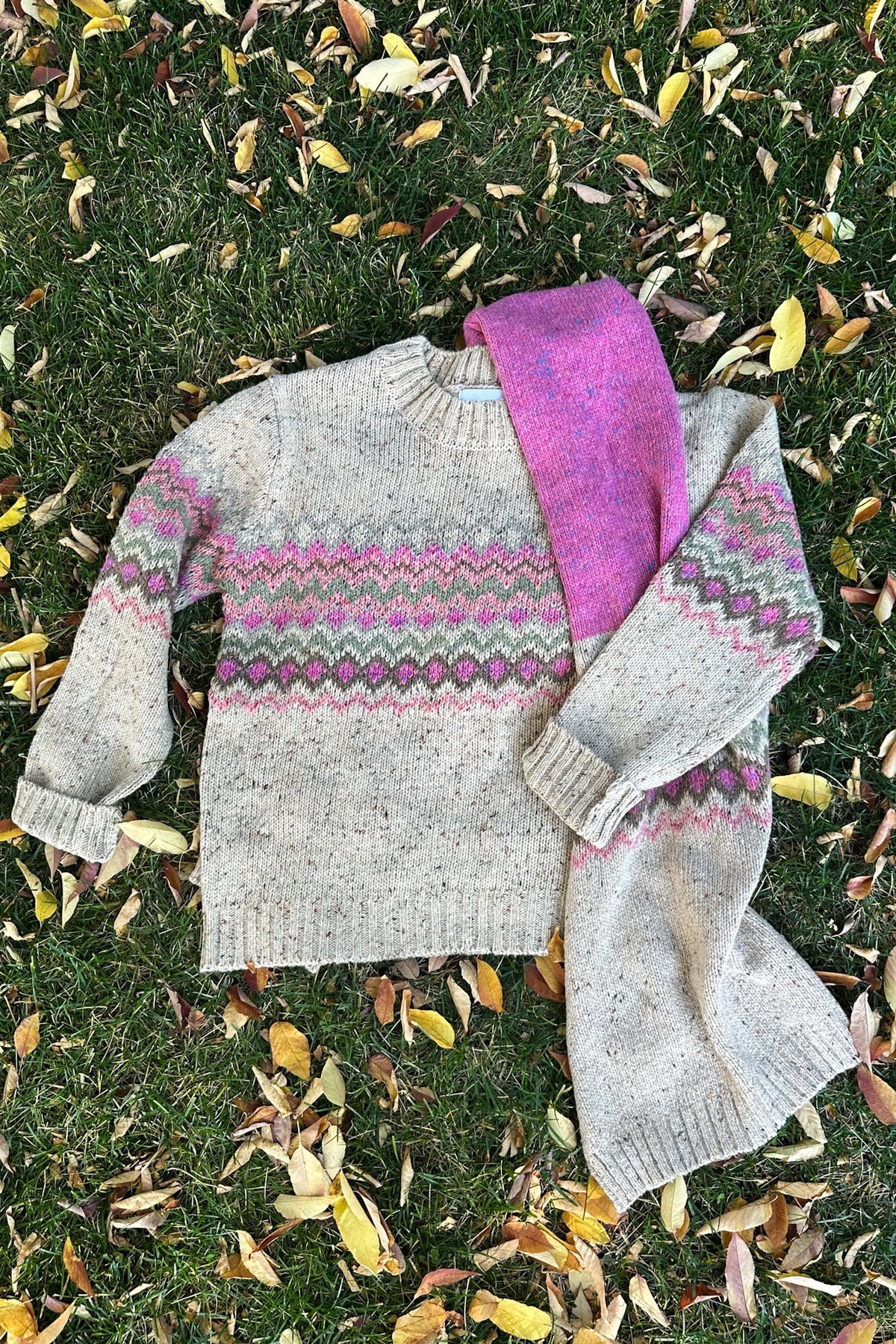 The Highlands Faire Isle Knit Scarf in Pink & Oatmeal - Neutral Ground