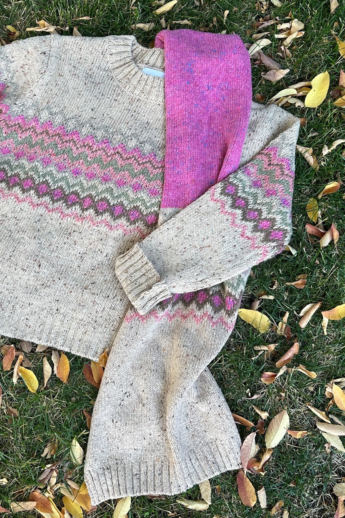 The Highlands Faire Isle Knit Scarf in Pink & Oatmeal - Neutral Ground