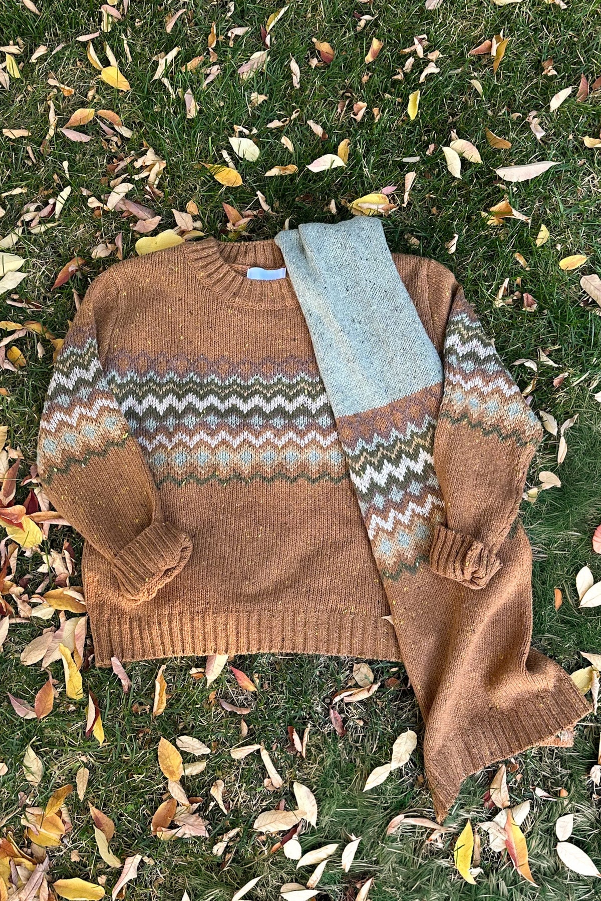 The Highlands Faire Isle Knit Scarf in Rust & Olive - Neutral Ground