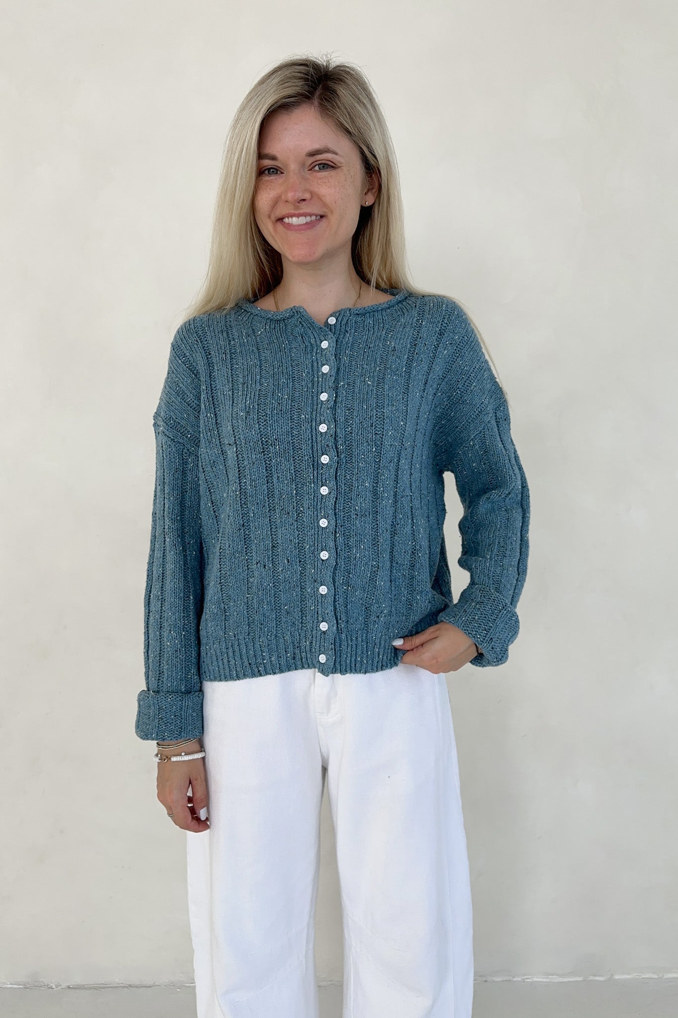 Theo Classic Rolled Neck Cardigan - Neutral Ground