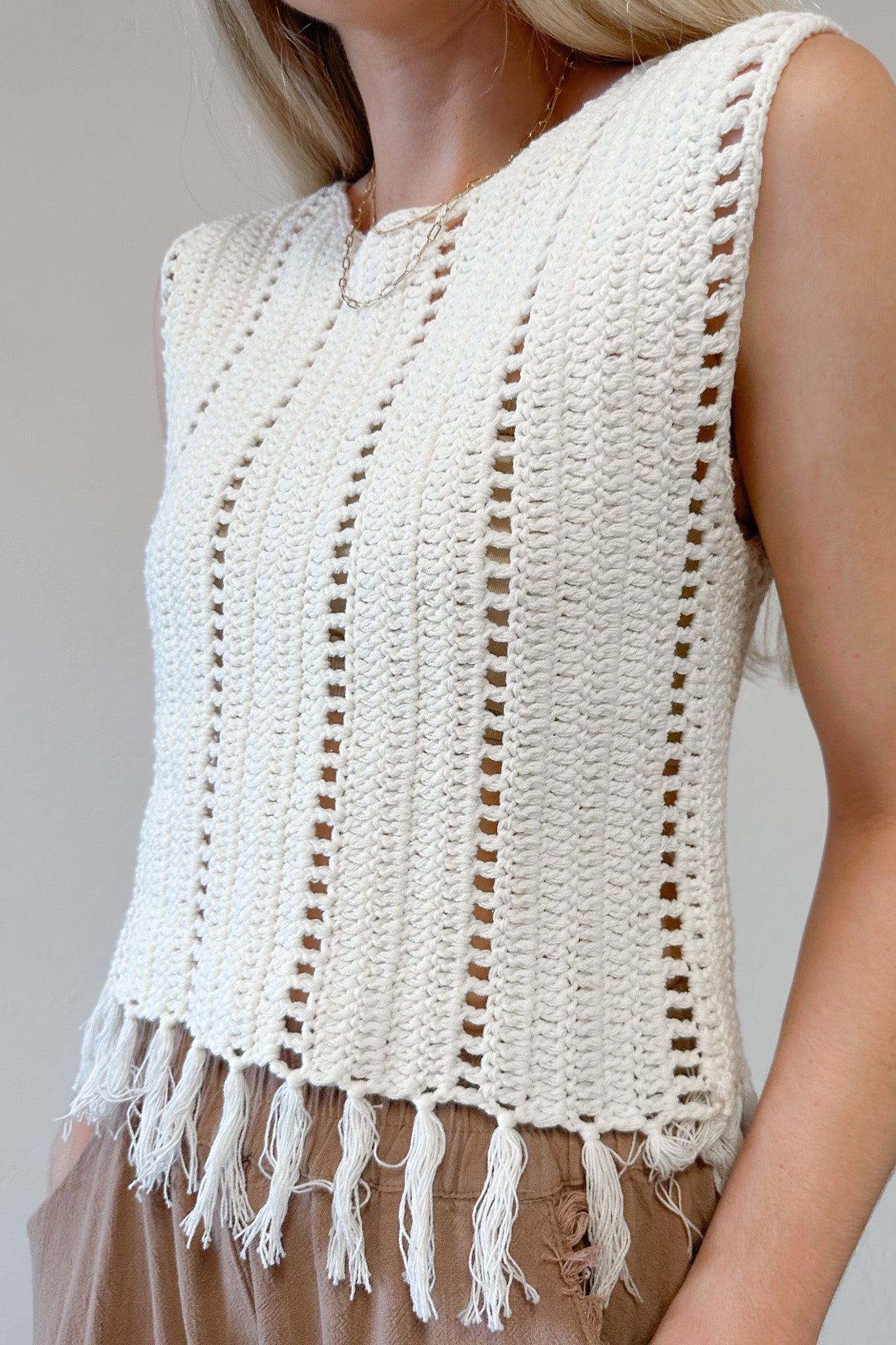 Tulum Fringe Detail Crochet Vest - Neutral Ground
