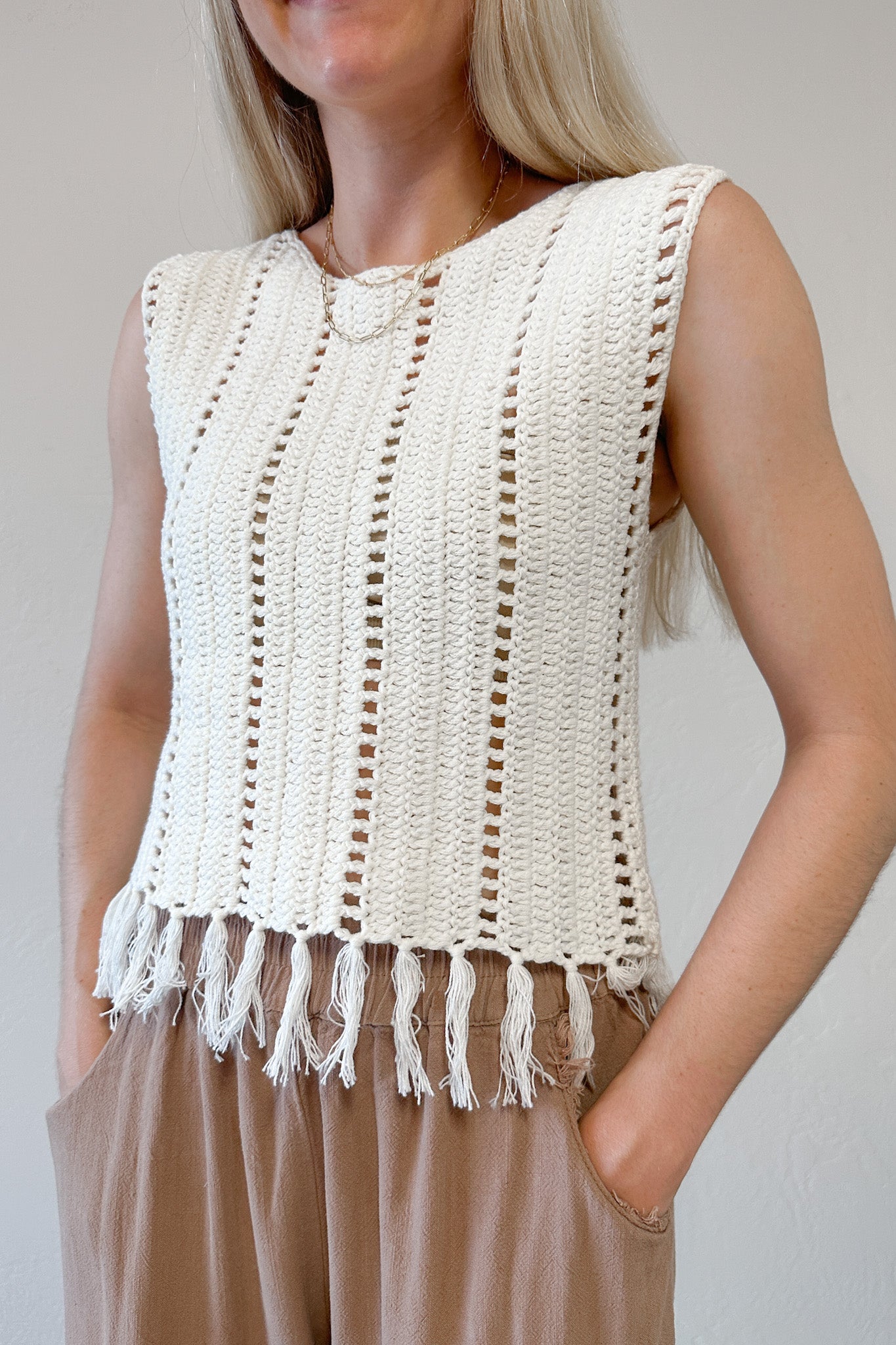 Tulum Fringe Detail Crochet Vest - Neutral Ground