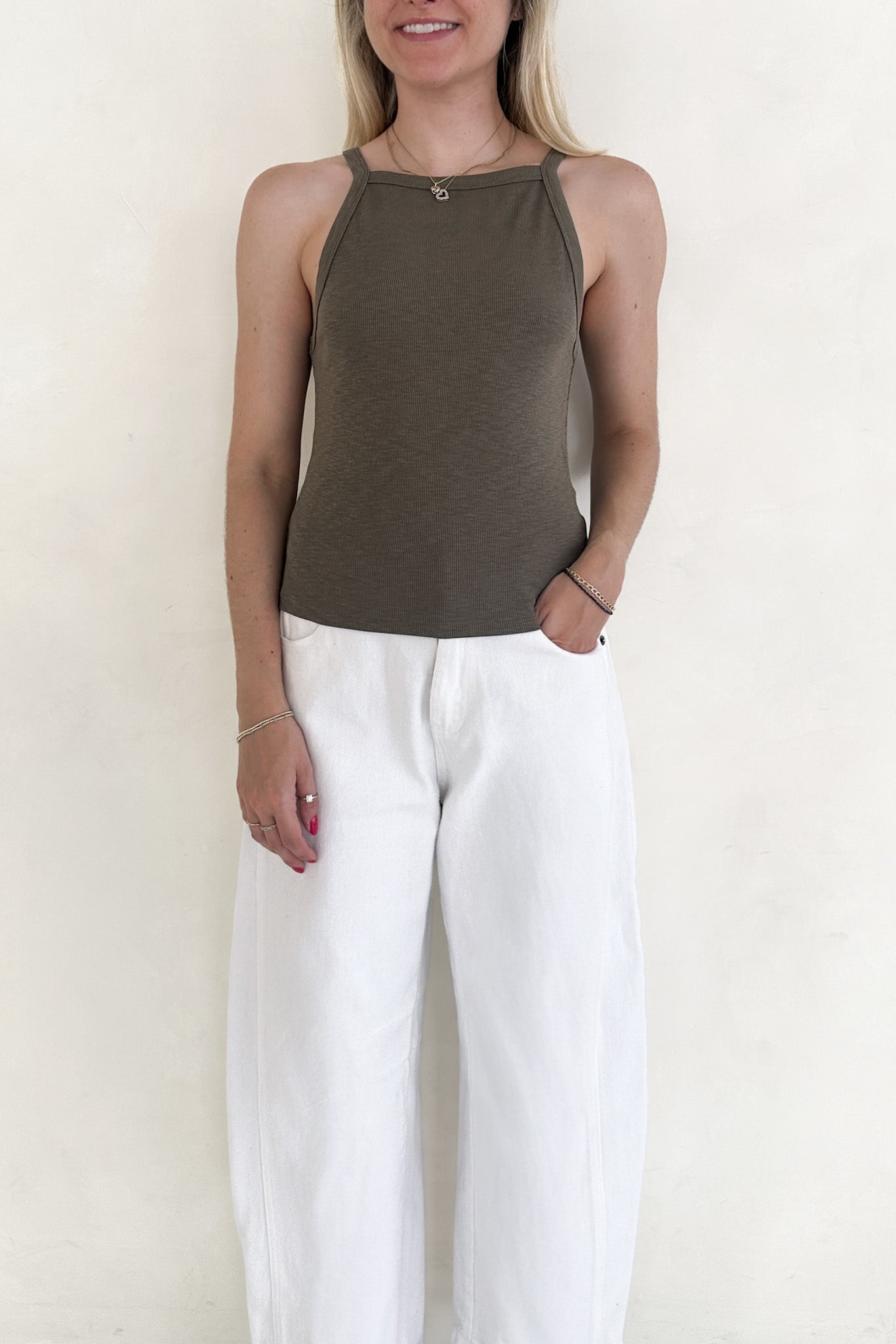 Urban High - Neck Cotton Tank Top in Olive - Neutral Ground