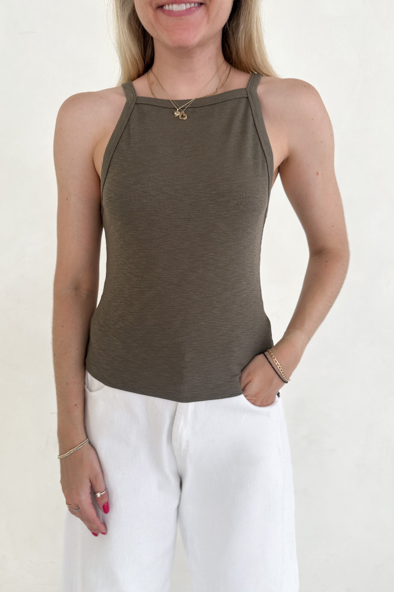 Urban High - Neck Cotton Tank Top in Olive - Neutral Ground