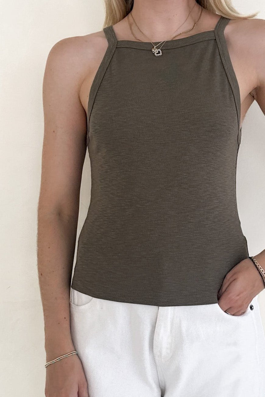 Urban High - Neck Cotton Tank Top in Olive - Neutral Ground