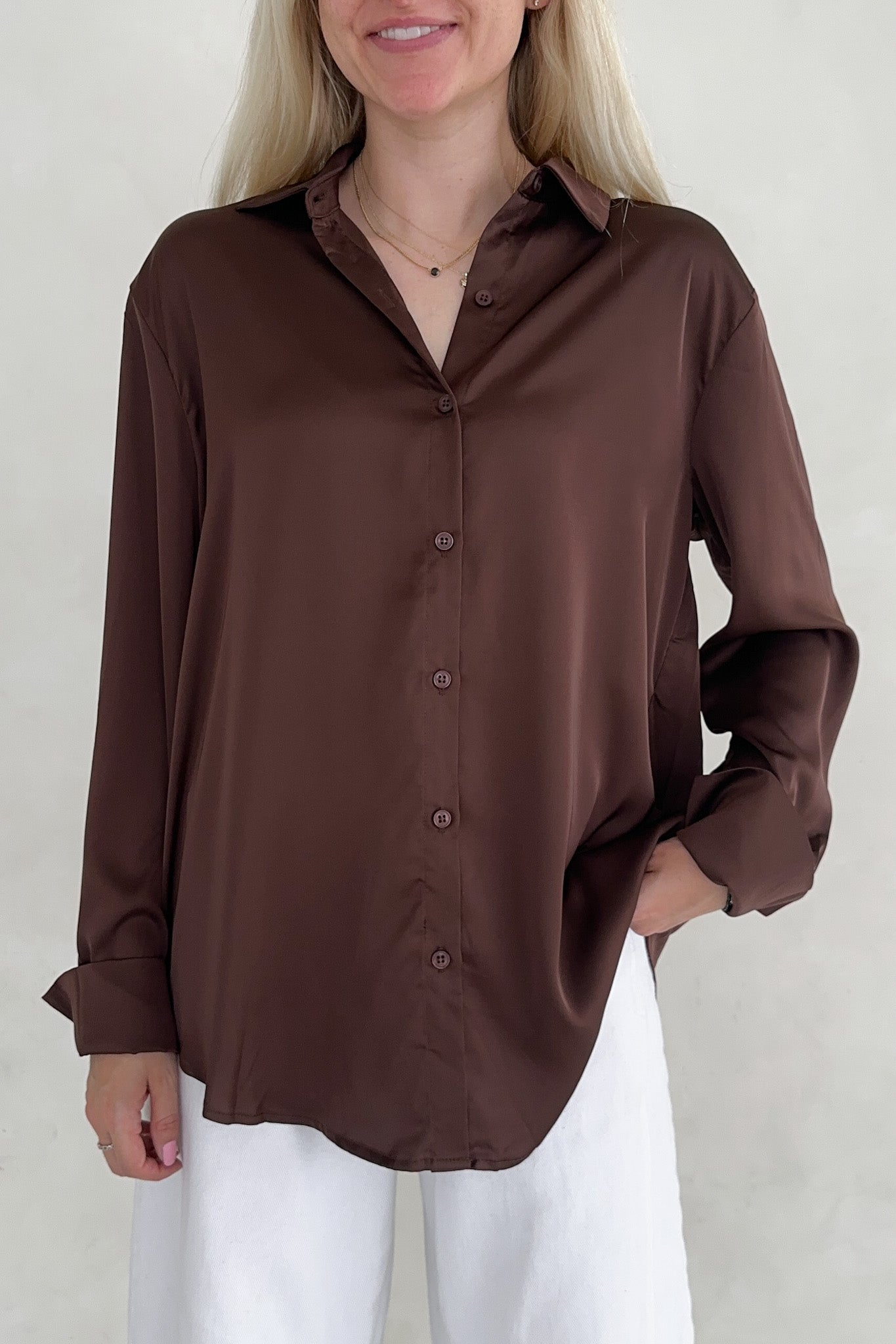 Vienna Satin Button Down Blouse - Neutral Ground