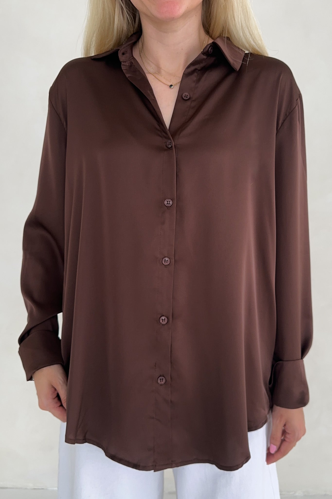 Vienna Satin Button Down Blouse - Neutral Ground