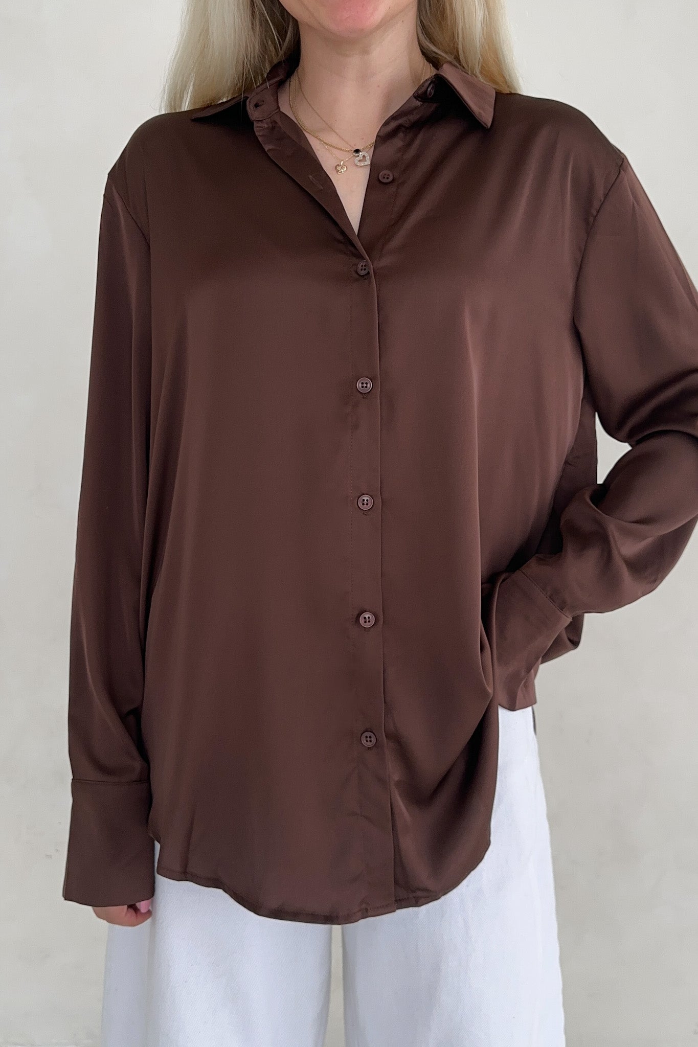 Vienna Satin Button Down Blouse - Neutral Ground