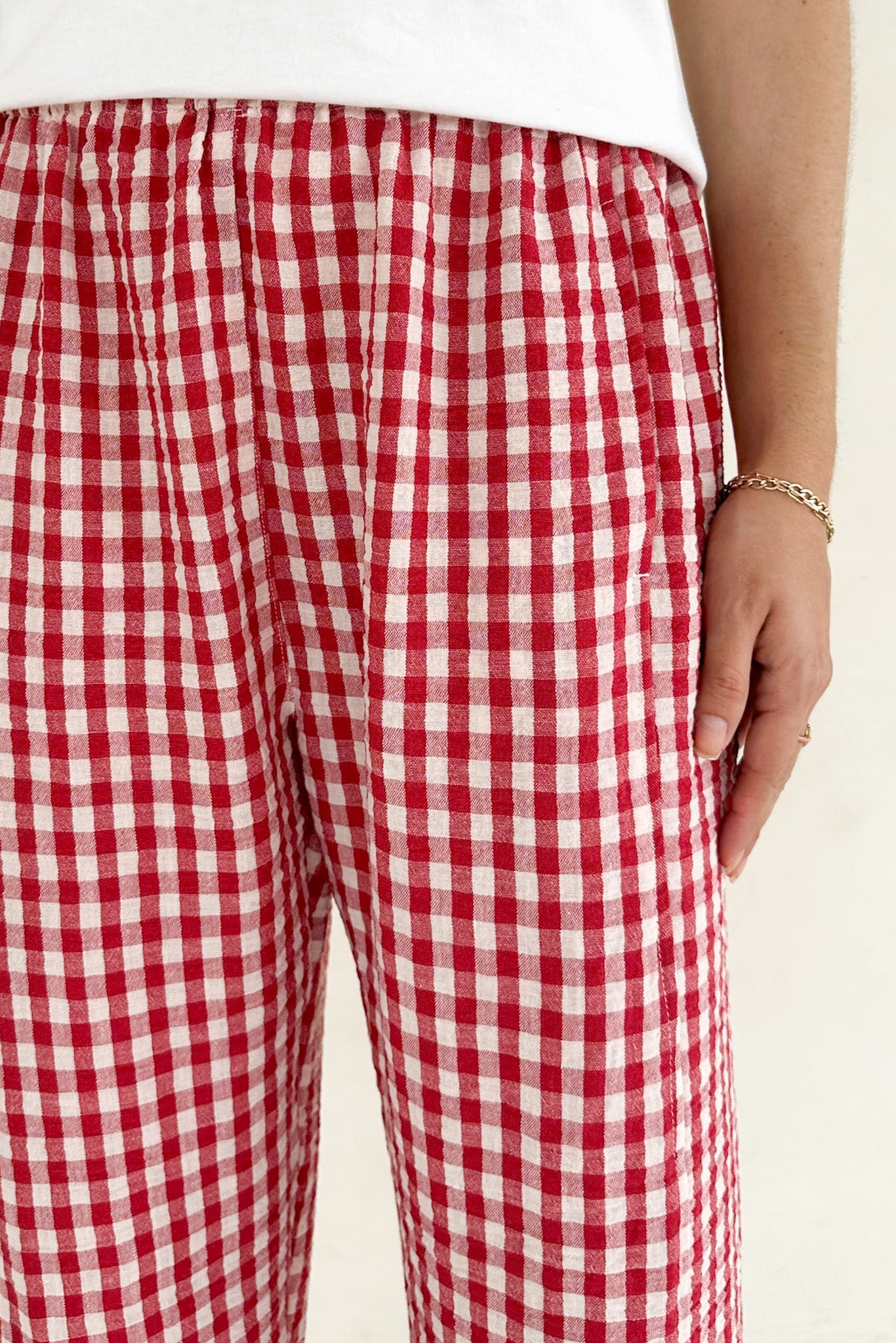 Weekends 100% Cotton Textured Gingham Pants in Red - Neutral Ground