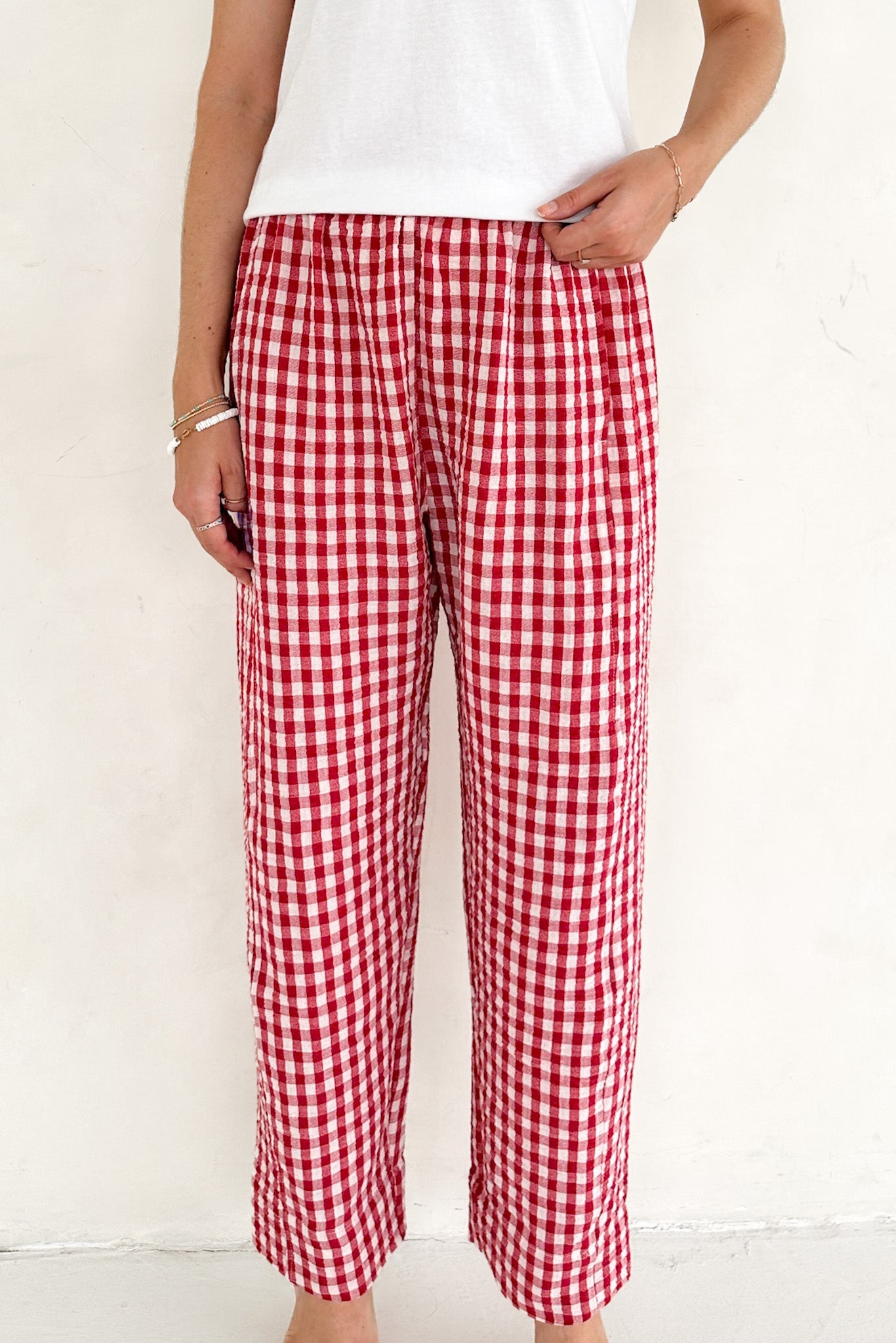 Weekends 100% Cotton Textured Gingham Pants in Red - Neutral Ground