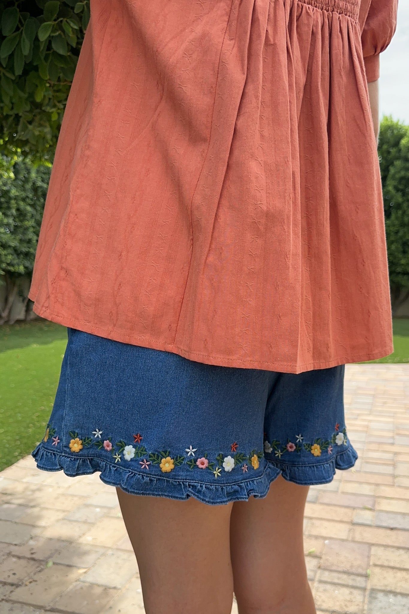 Wild flower Floral Embroidered Ruffle Denim Shorts - Neutral Ground