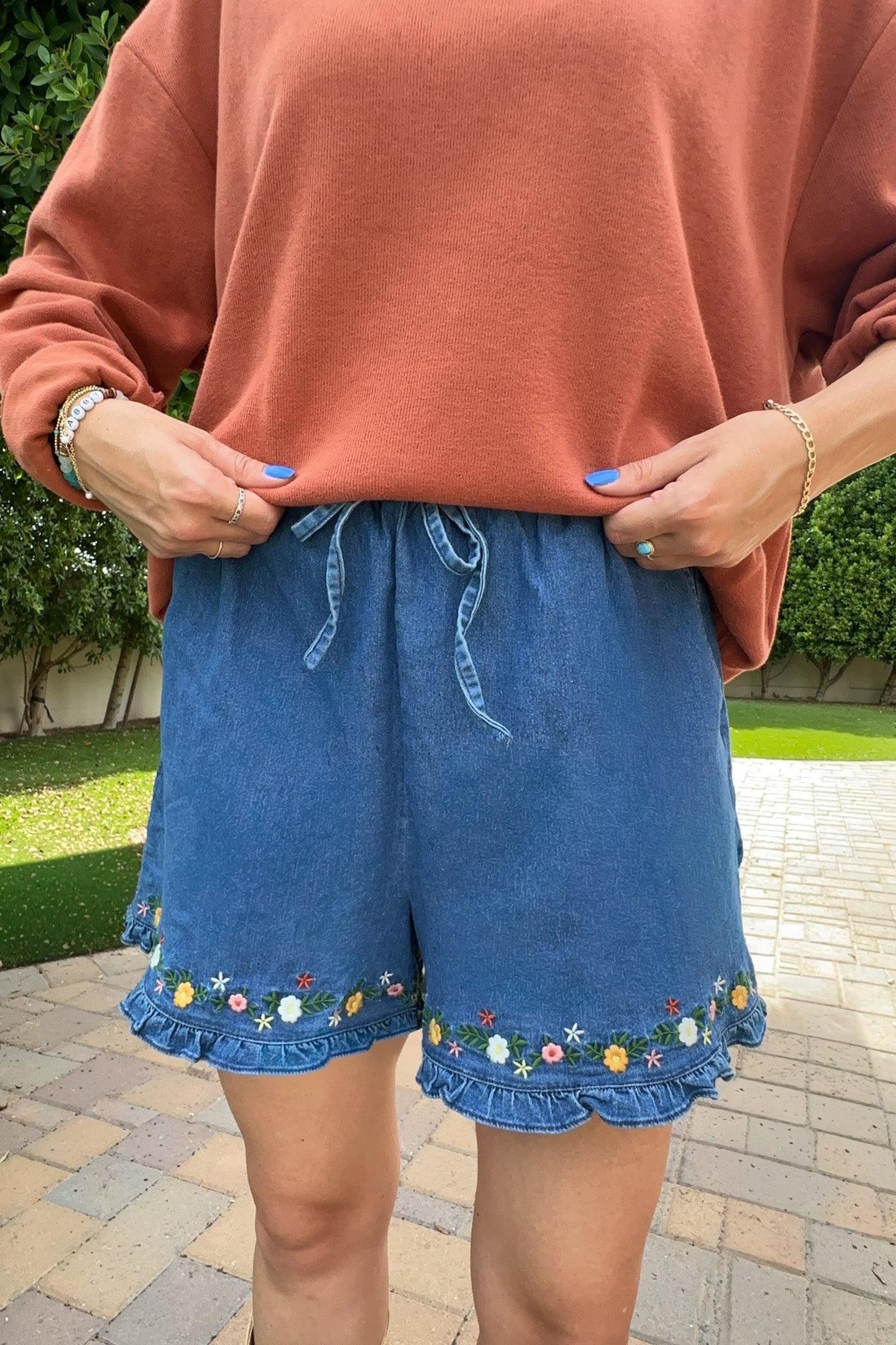 Wild flower Floral Embroidered Ruffle Denim Shorts - Neutral Ground
