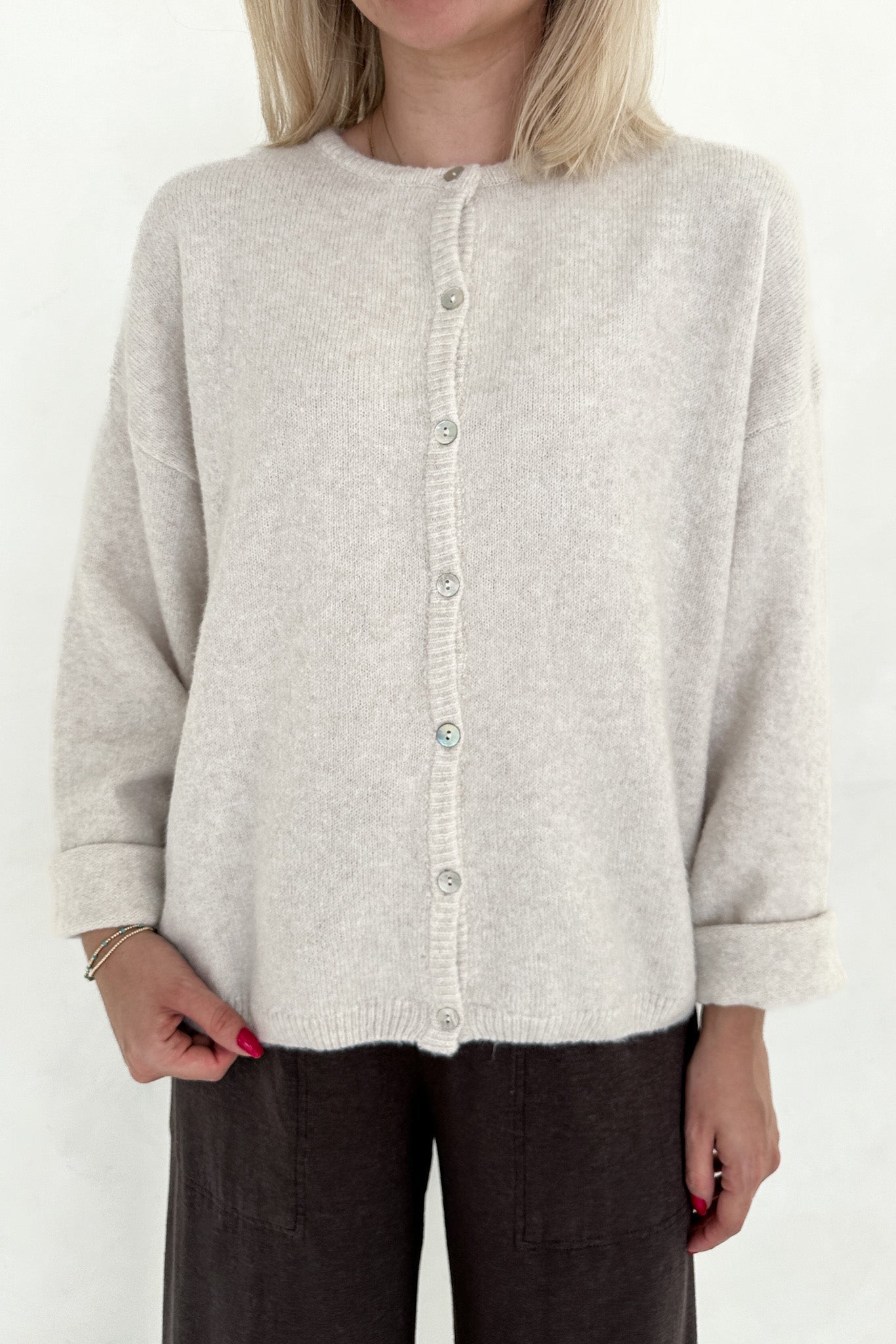 Willow Soft Long Sleeve Crew Neck Sweater Cardigan in Ivory - Neutral Ground