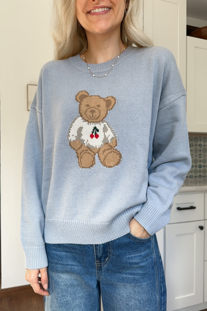 Winnie Crew Neck Teddy Bear Sweater in Dusty Blue - Neutral Ground