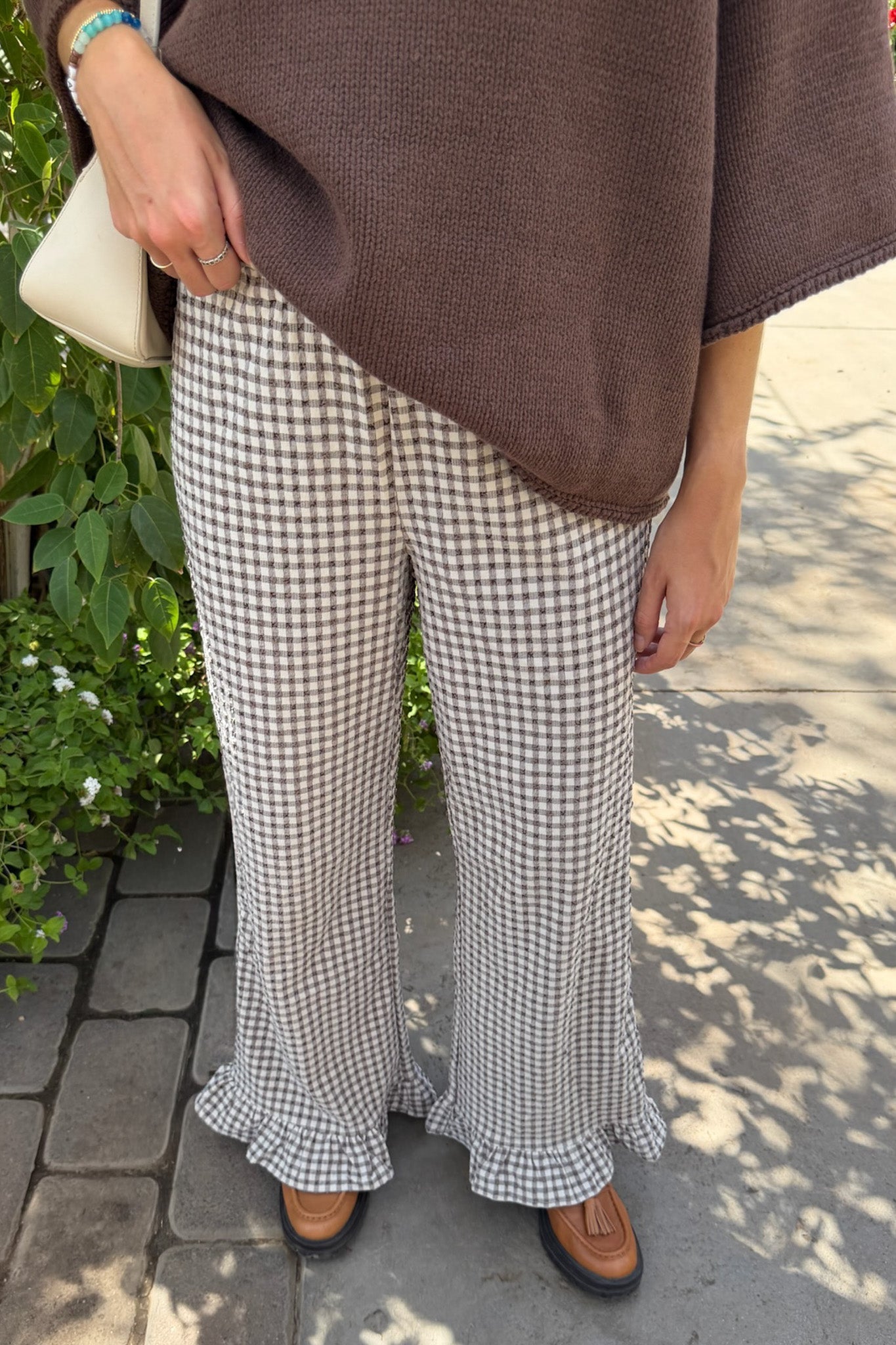 Winnie Gingham Ruffle Pants in Espresso and White - Neutral Ground