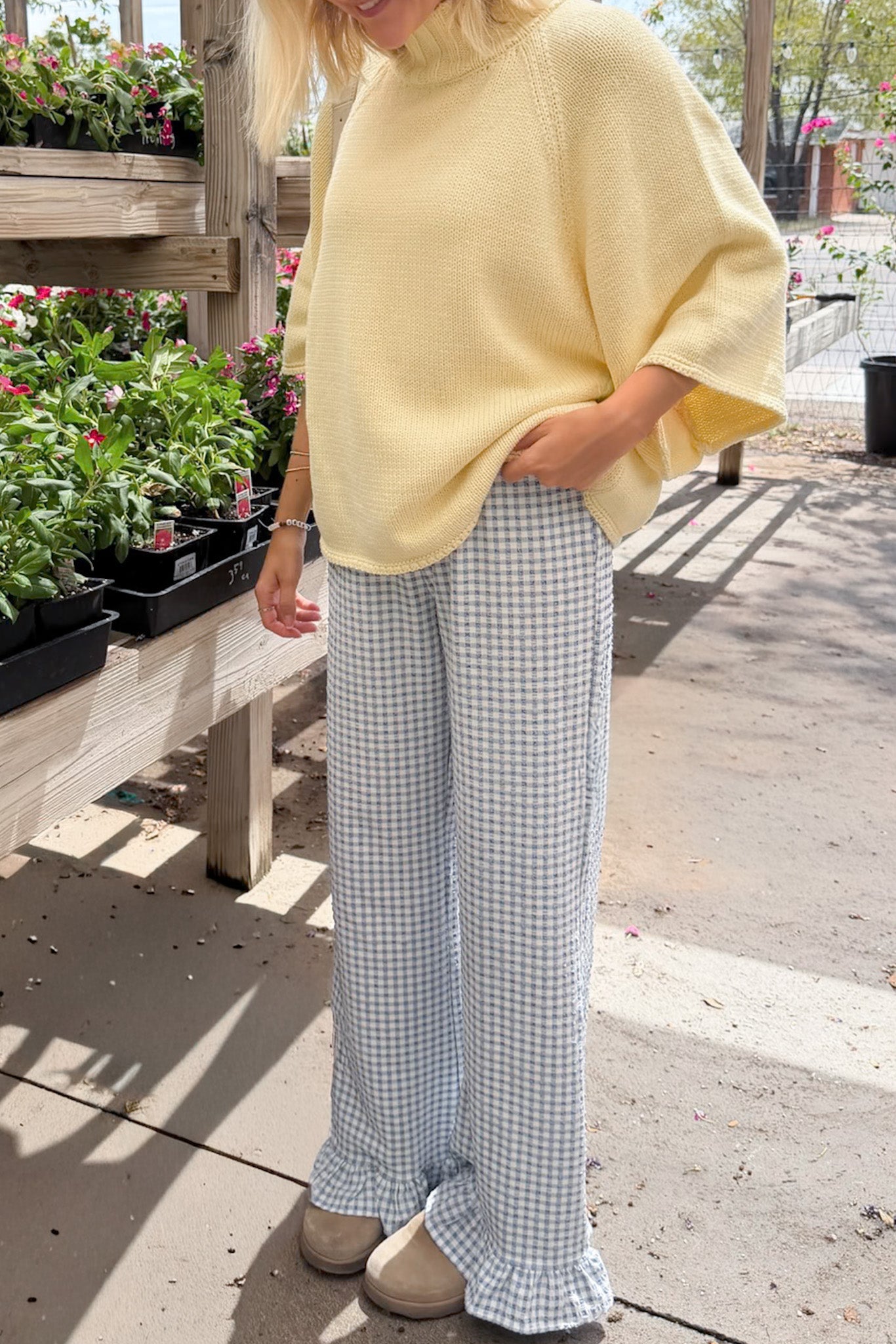 Winnie Gingham Ruffle Pants in Sky Blue and White - Neutral Ground