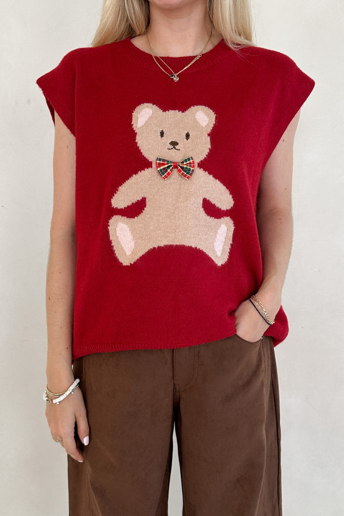 Winnie Teddy Sweater Vest in Red - Neutral Ground
