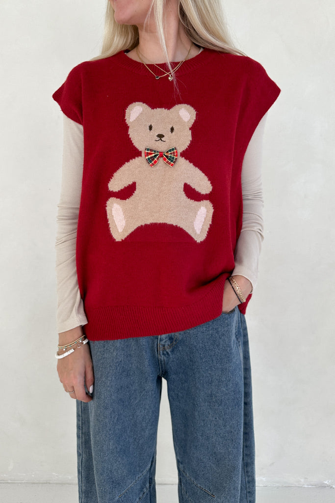 Winnie Teddy Sweater Vest in Red - Neutral Ground