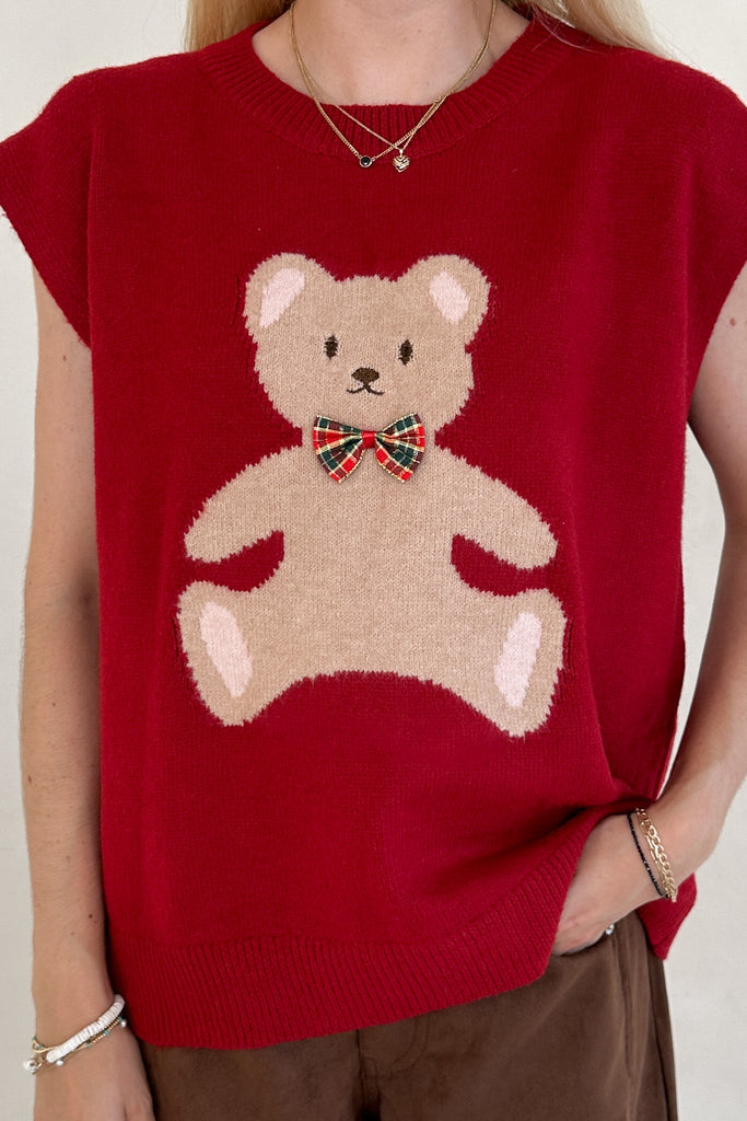 Winnie Teddy Sweater Vest in Red - Neutral Ground