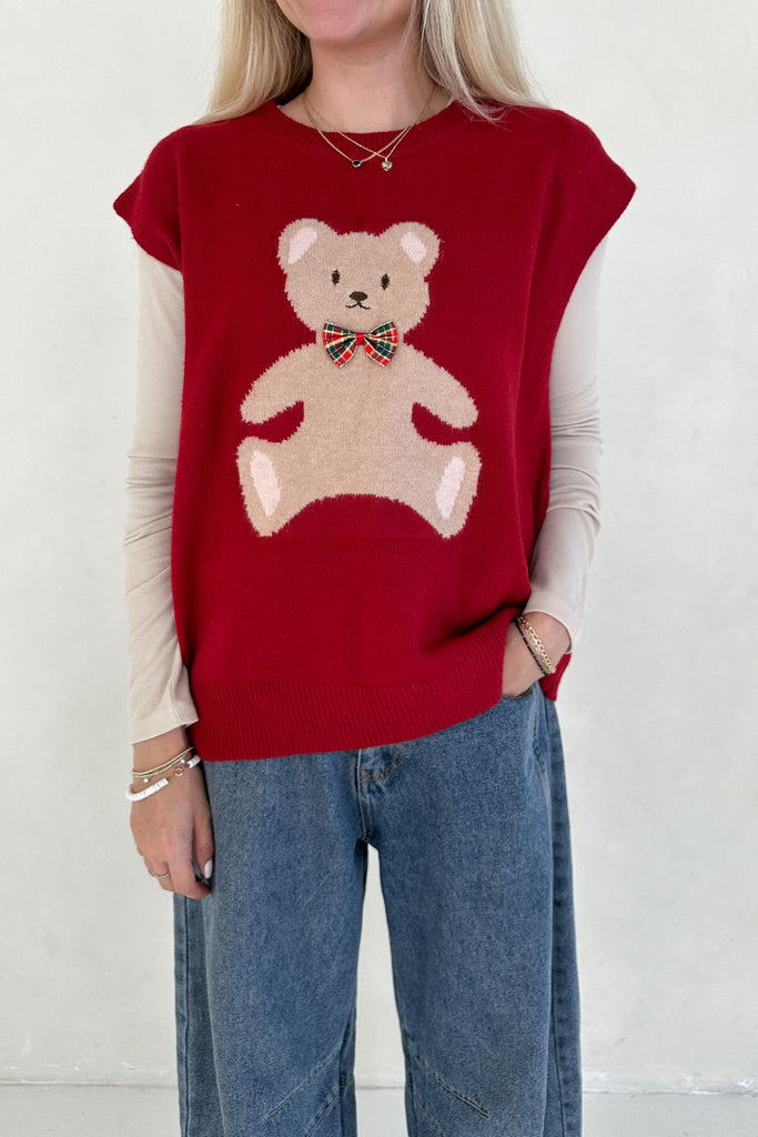 Winnie Teddy Sweater Vest in Red - Neutral Ground