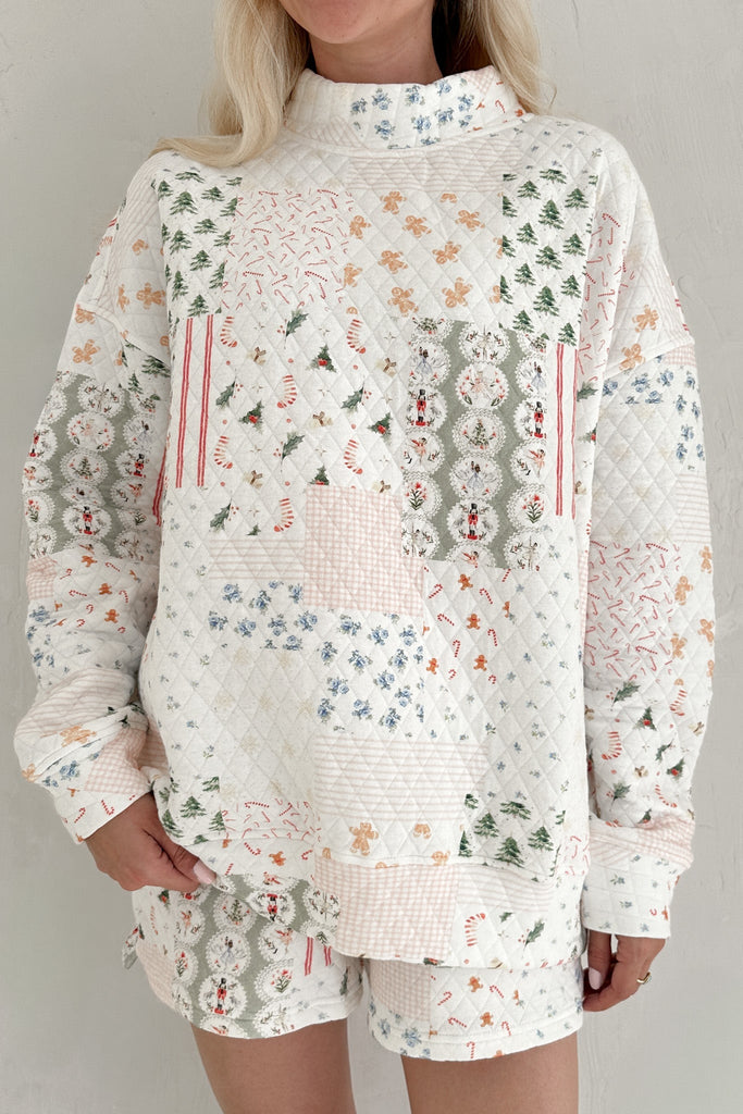 Wonderland Quilted Holiday Mockneck Sweatshirt - Neutral Ground