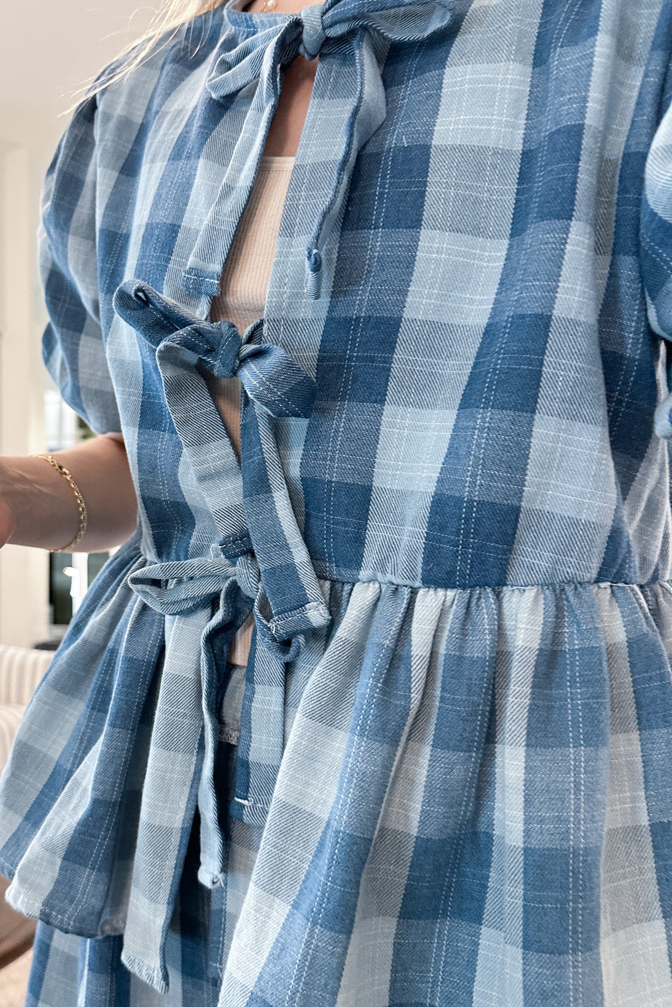 Woodstock Plaid Tie Front Top - Neutral Ground