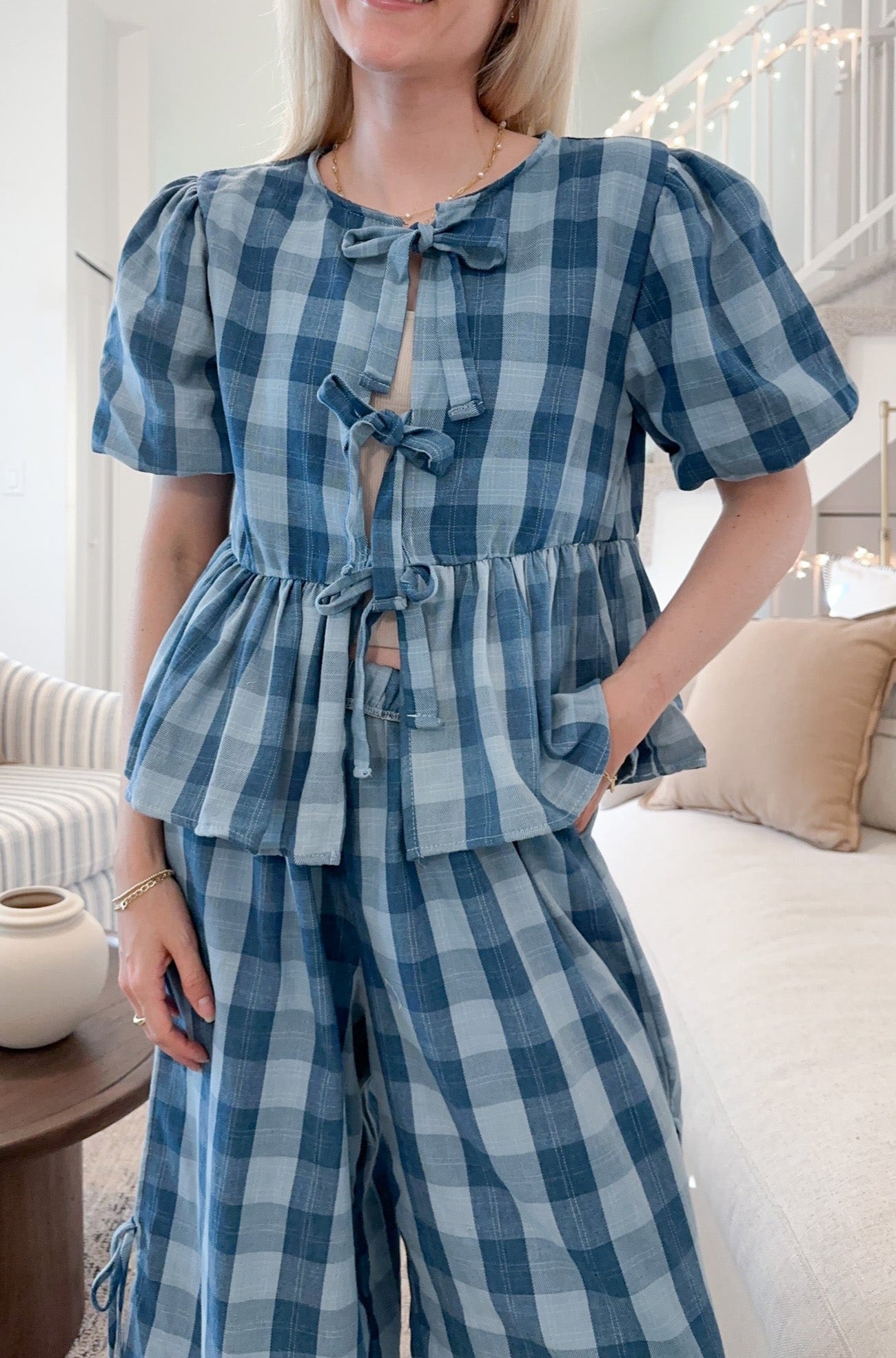 Woodstock Plaid Tie Front Top - Neutral Ground