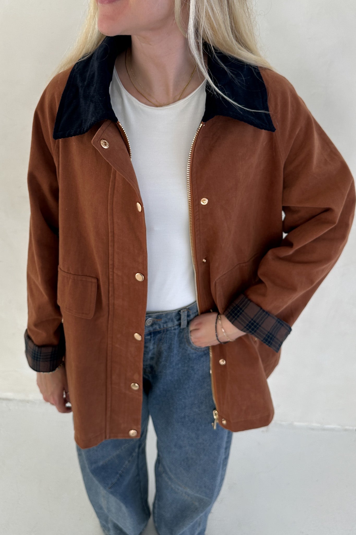 Wren Corduroy Collared Cotton Barn Jacket in Camel - Neutral Ground