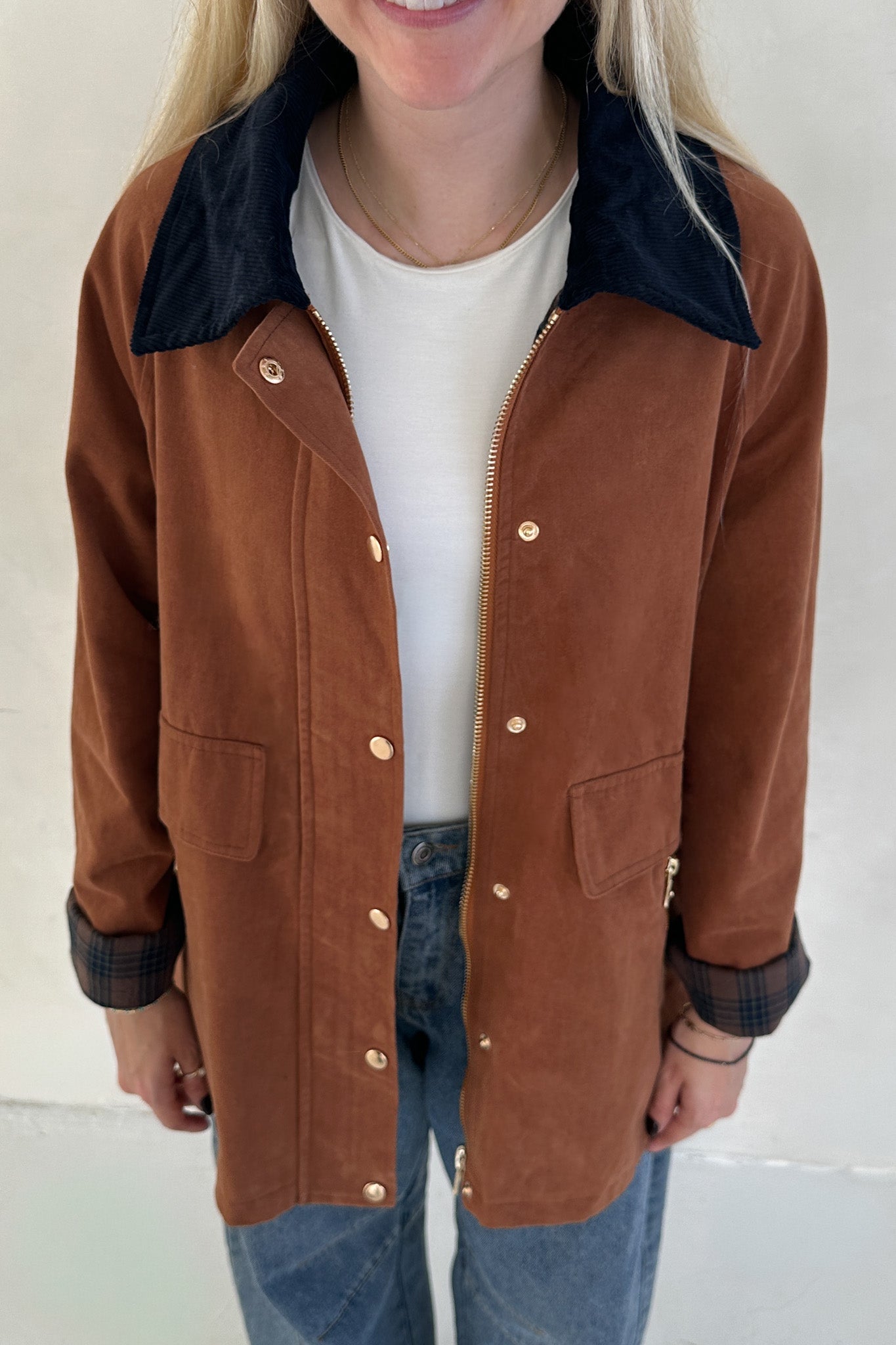 Wren Corduroy Collared Cotton Barn Jacket in Camel - Neutral Ground