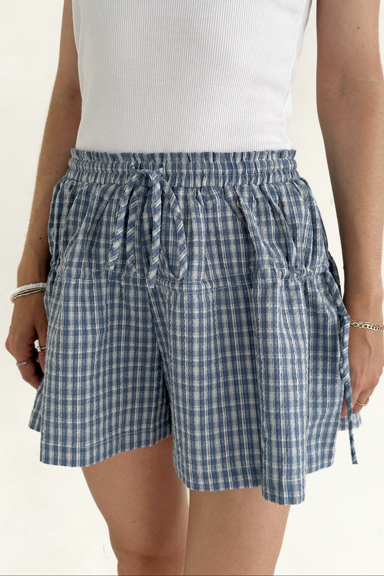 Wren Wide Leg Plaid Drawstring Shorts - Neutral Ground