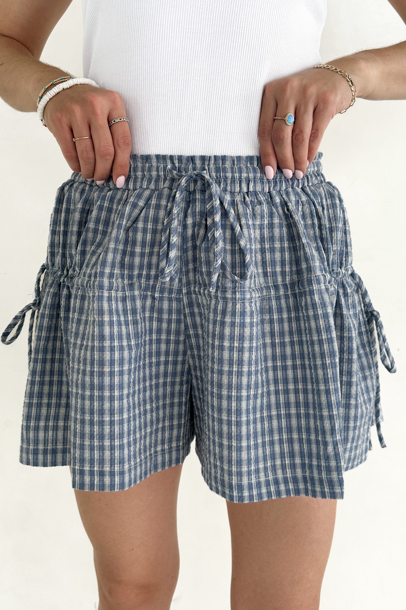 Wren Wide Leg Plaid Drawstring Shorts - Neutral Ground